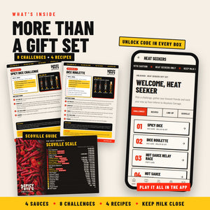 Inside the Heat Seekers Gift Set: challenge cards, recipes, the Scoville Scale card and the challenges unlocked in the Spicy Rye's app.