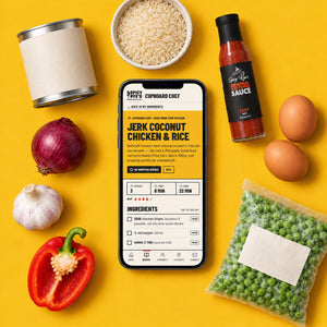 Cupboard Chef in the Spicy Rye's app on a phone, showing a Jerk Coconut Chicken & Rice recipe, surrounded by cupboard staples and a bottle of Spicy Rye's Original Hot Pepper Sauce on a yellow background