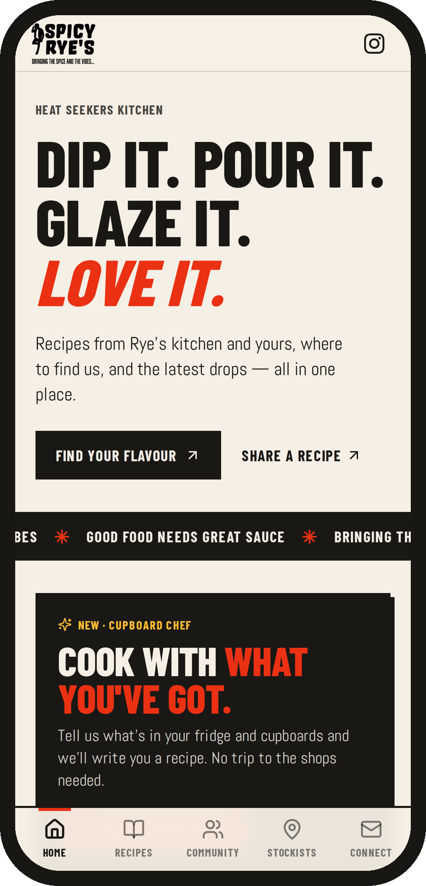The Spicy Rye's app on a phone, showing the home screen with recipes and Cupboard Chef